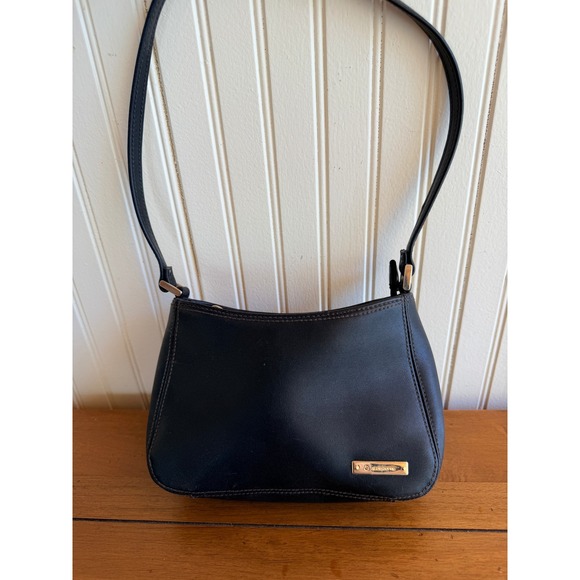 Liz Claiborne Handbags - Liz Claiborne Black Faux Leather‎ Small Shoulder Bag Baguette Purse Gold Logo